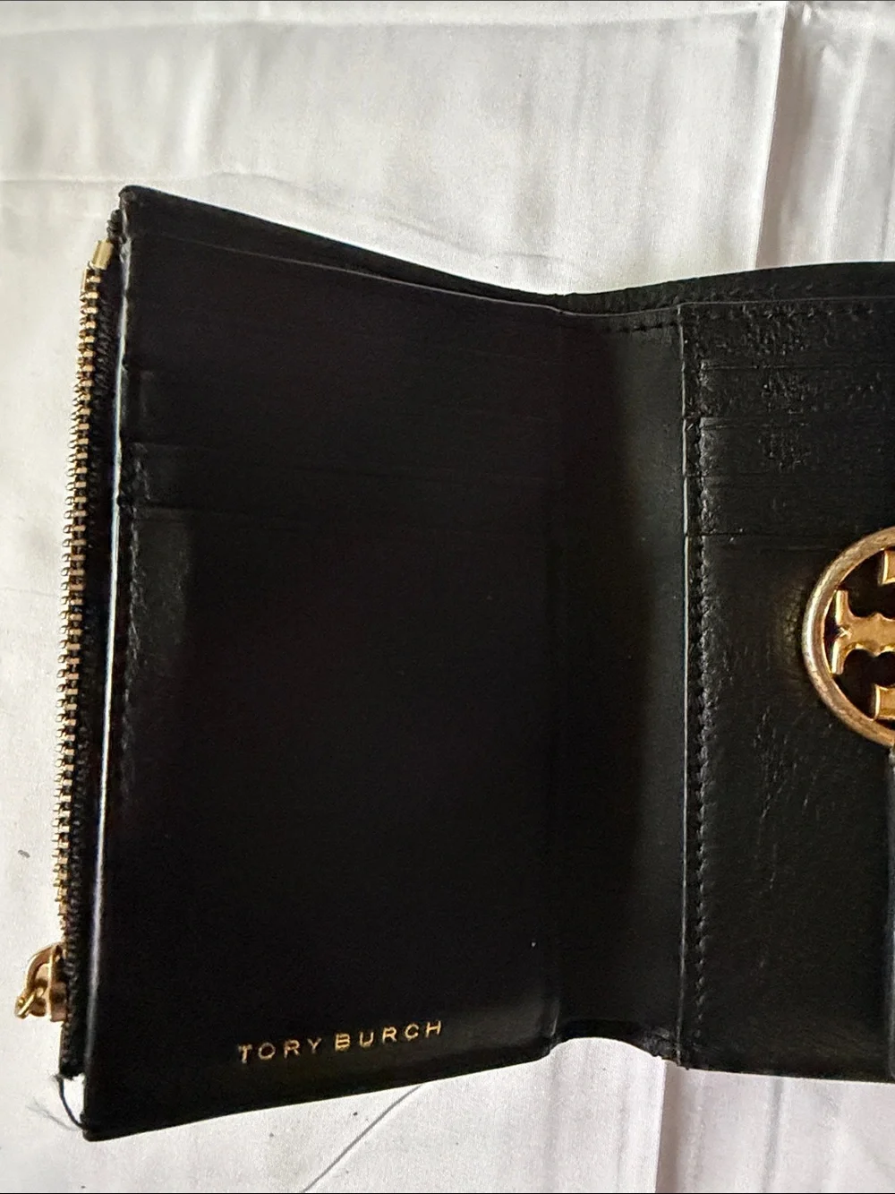 Tory Burch Black Leather Wallet with Gold Emblem
